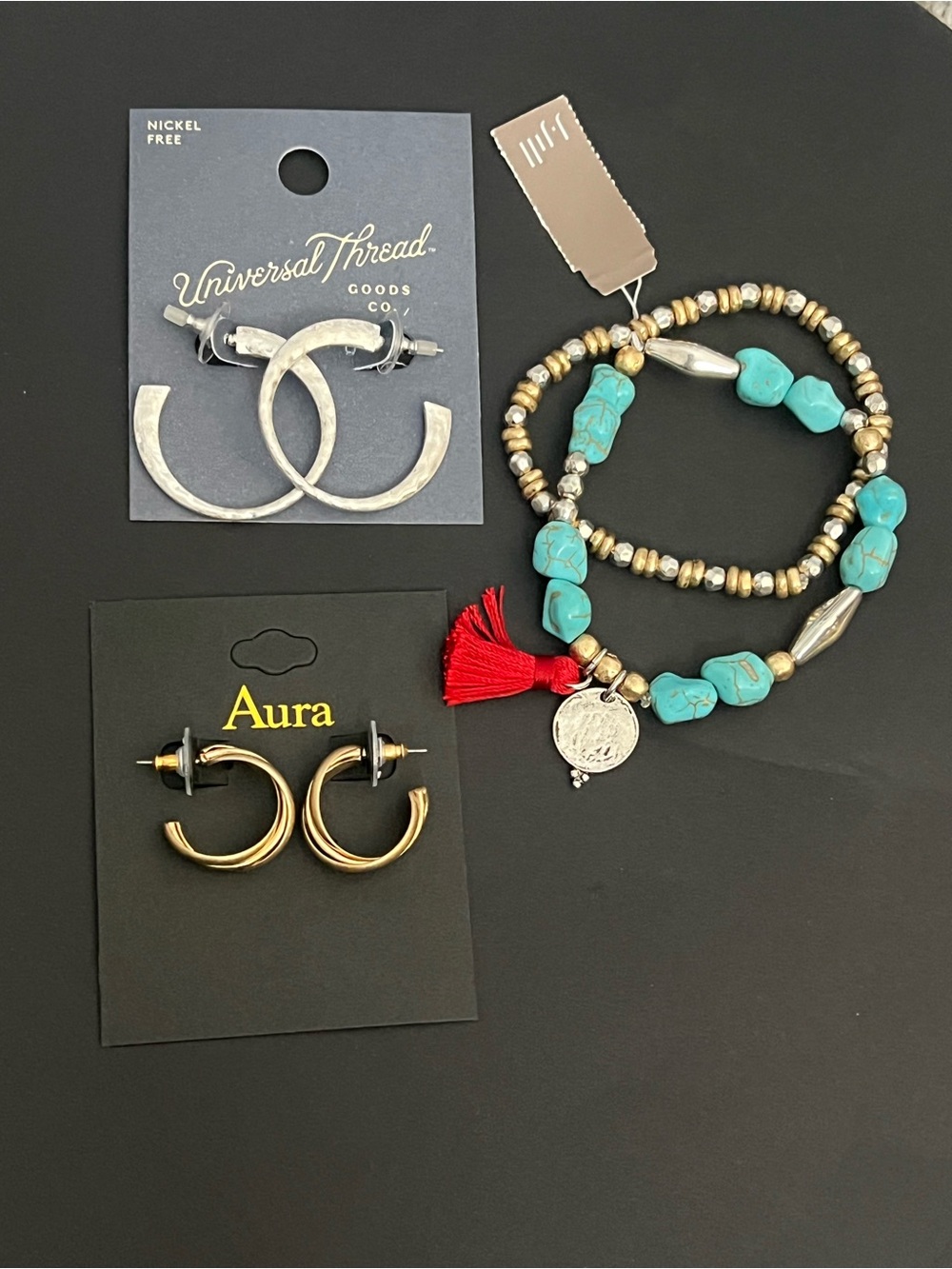 Bundle J. Jill Turquoise Bead Bracelet  Small Gold Hoops & Silver Hoops New